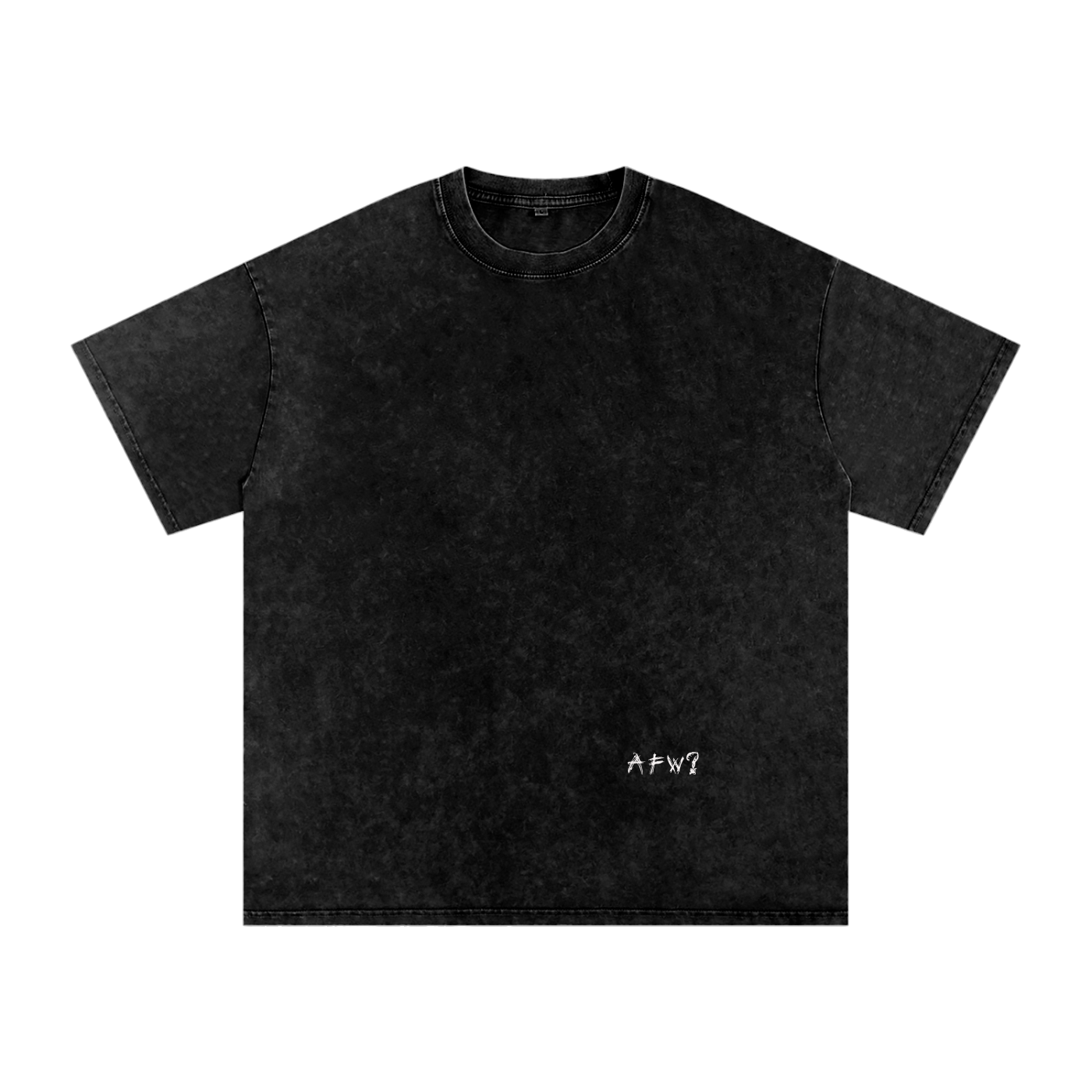 Black t-shirt with a small white logo on a white background