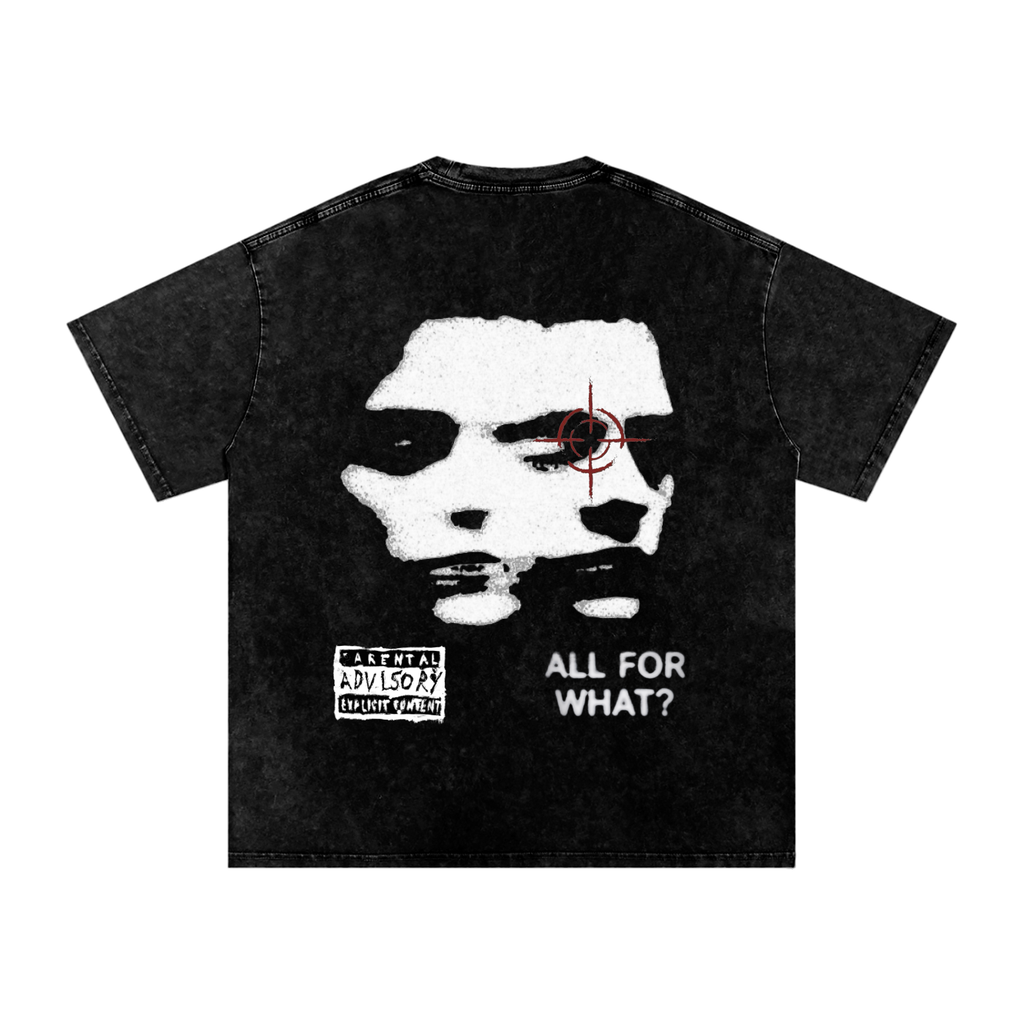 Black t-shirt with graphic design and text on a white background